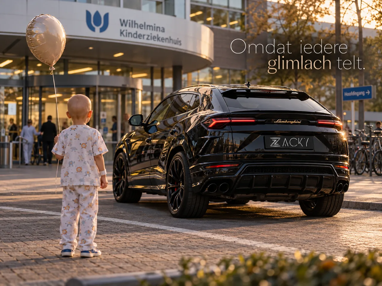 Een ziek kind kijkt naar een droomauto van ZACKY voor een kinderziekenhuis